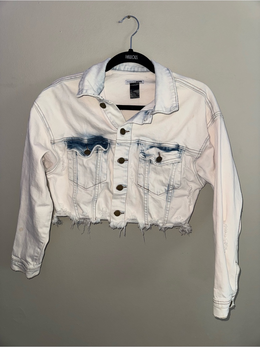 Fashion Nova White Cropped Denim Jacket with Blue Fade Accents